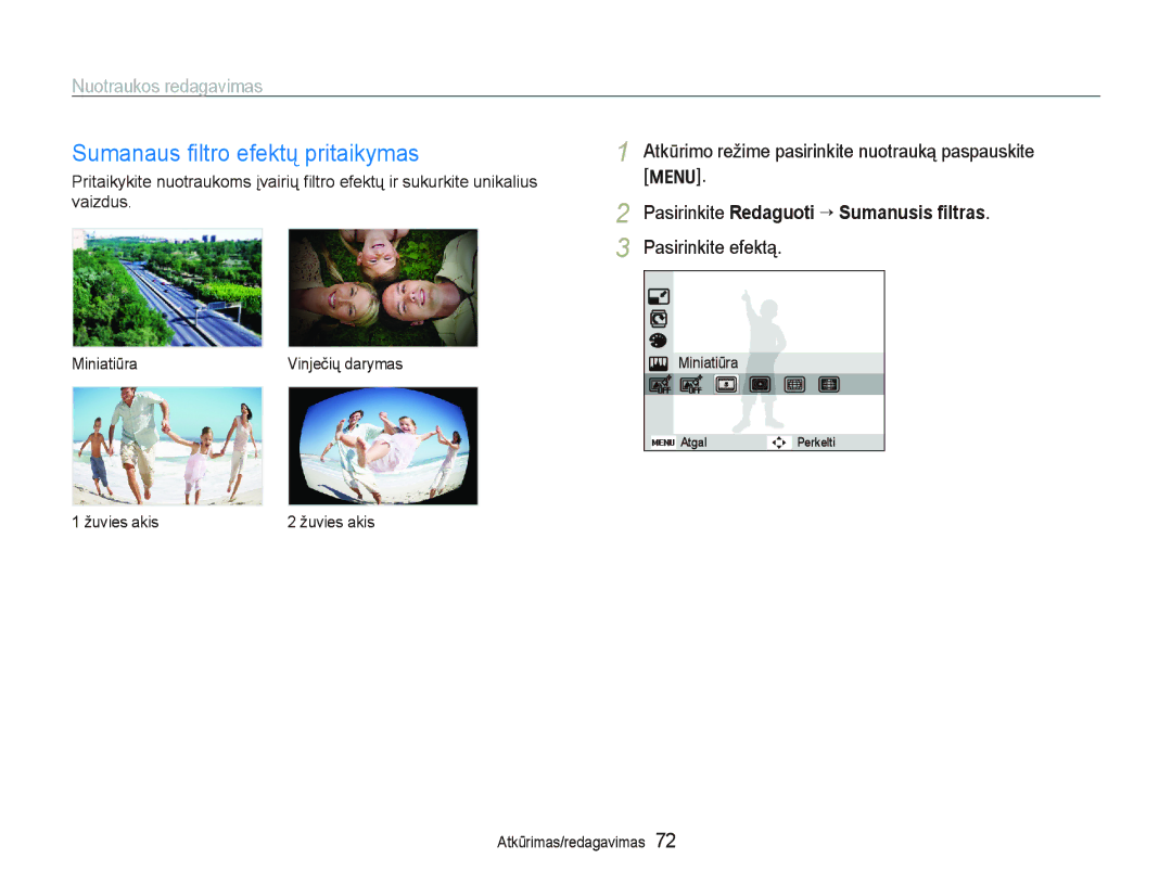 Samsung EC-PL150ZBPSRU manual Sumanaus ﬁltro efektų pritaikymas, Atkūrimo režime pasirinkite nuotrauką paspauskite m 