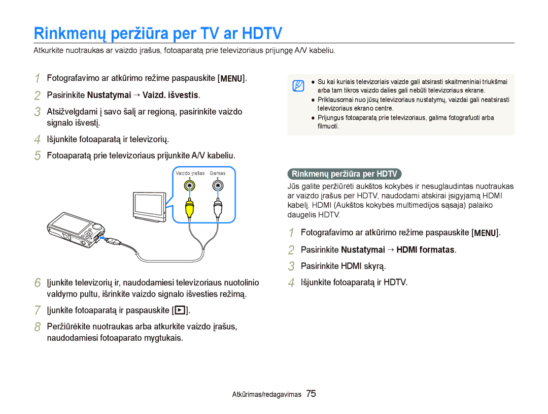 Samsung EC-PL150ZBPRRU manual Rinkmenų peržiūra per TV ar Hdtv, Pasirinkite Hdmi skyrą Išjunkite fotoaparatą ir Hdtv 