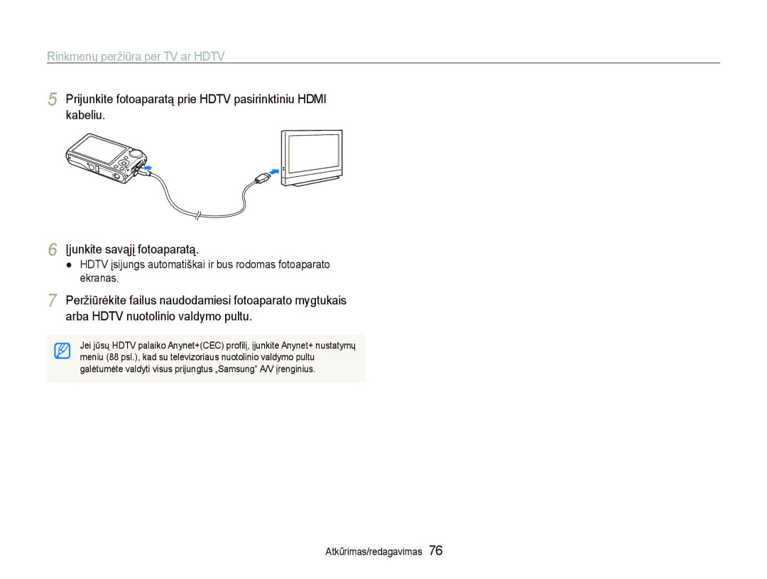 Samsung EC-PL150ZBPSRU, EC-PL150ZBPRRU, EC-PL150ZBPURU, EC-PL150ZBPLRU manual Rinkmenų peržiūra per TV ar Hdtv 