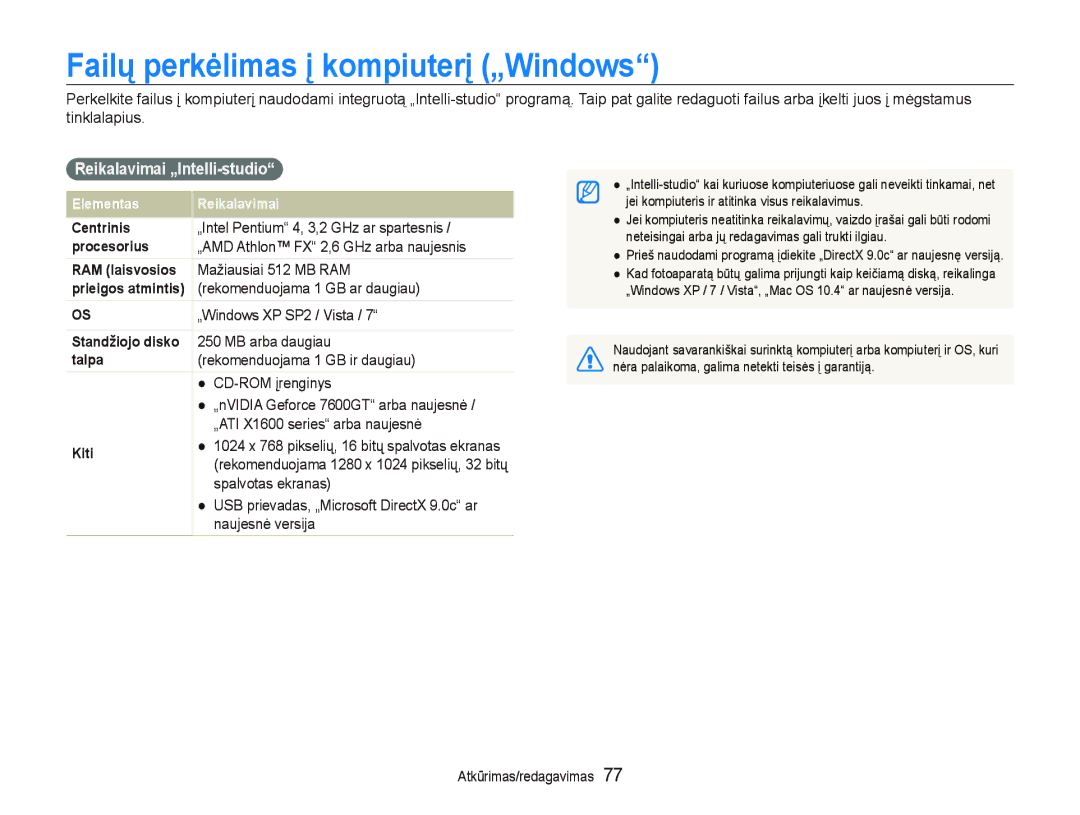 Samsung EC-PL150ZBPURU, EC-PL150ZBPRRU, EC-PL150ZBPSRU Failų perkėlimas į kompiuterį „Windows, Reikalavimai „Intelli-studio 