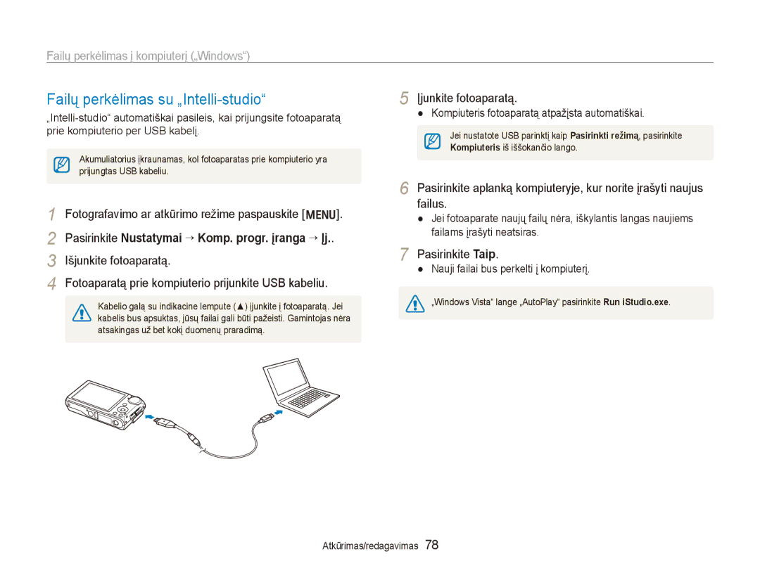 Samsung EC-PL150ZBPLRU Failų perkėlimas su „Intelli-studio, Failų perkėlimas į kompiuterį „Windows, Įjunkite fotoaparatą 