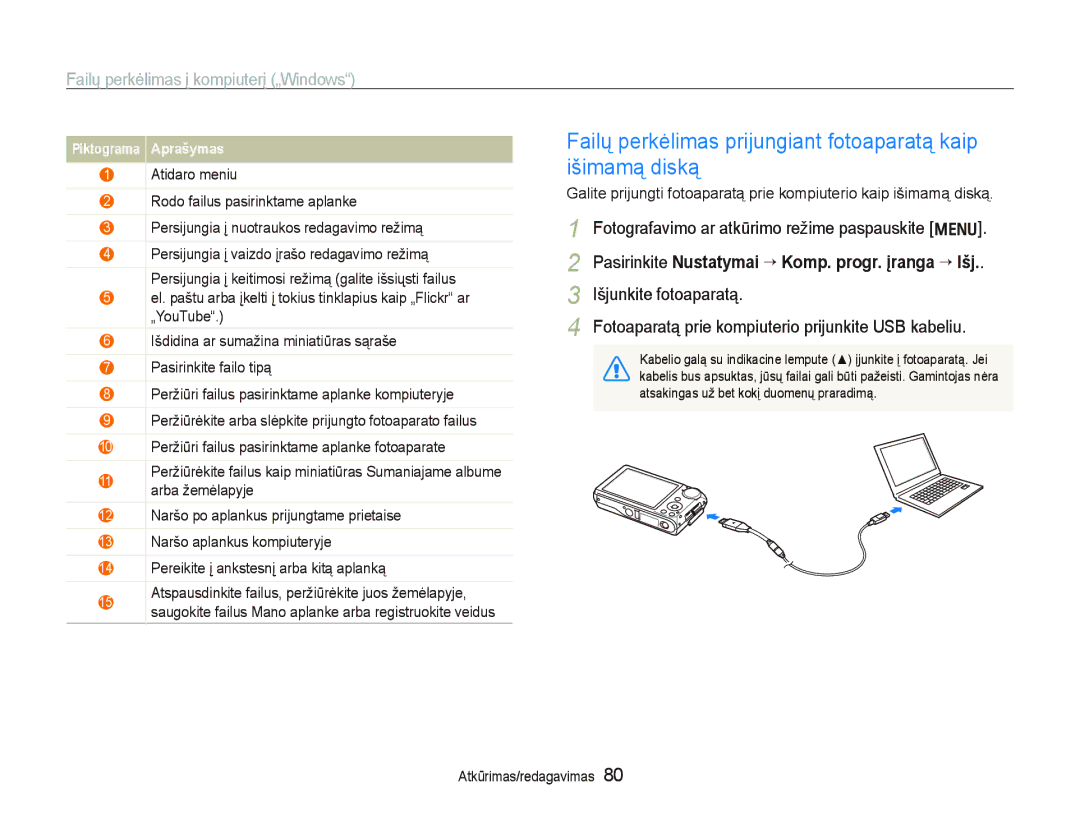 Samsung EC-PL150ZBPSRU, EC-PL150ZBPRRU, EC-PL150ZBPURU manual Failų perkėlimas prijungiant fotoaparatą kaip išimamą diską 