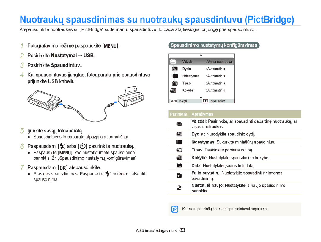 Samsung EC-PL150ZBPRRU, EC-PL150ZBPSRU manual Pasirinkite Nustatymai “ USB, Paspausdami F arba t pasirinkite nuotrauką 