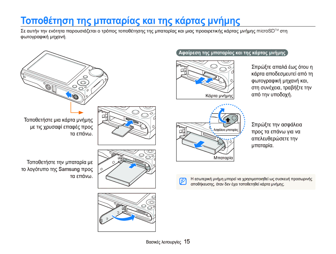 Samsung EC-PL150ZBPRE3, EC-PL150ZBPSE3 manual ȈȠʌȠșȑĲȘıȘ ĲȘȢ ȝʌĮĲĮȡȓĮȢ țĮȚ ĲȘȢ țȐȡĲĮȢ ȝȞȒȝȘȢ, ĮʌİȜİȣșİȡȫıİĲİ ĲȘȞ ȝʌĮĲĮȡȓĮ 