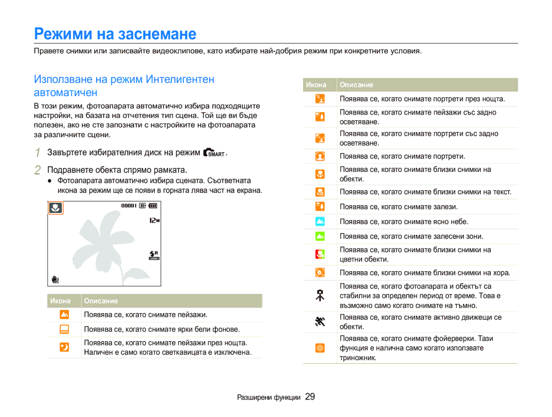 Samsung EC-PL150ZBPSE3, EC-PL150ZBPRE3 manual Ɋɟɠɢɦɢɧɚɡɚɫɧɟɦɚɧɟ, Ɂɡɩɨɥɡɜɚɧɟɧɚɪɟɠɢɦɂɧɬɟɥɢɝɟɧɬɟɧ ɚɜɬɨɦɚɬɢɱɟɧ 