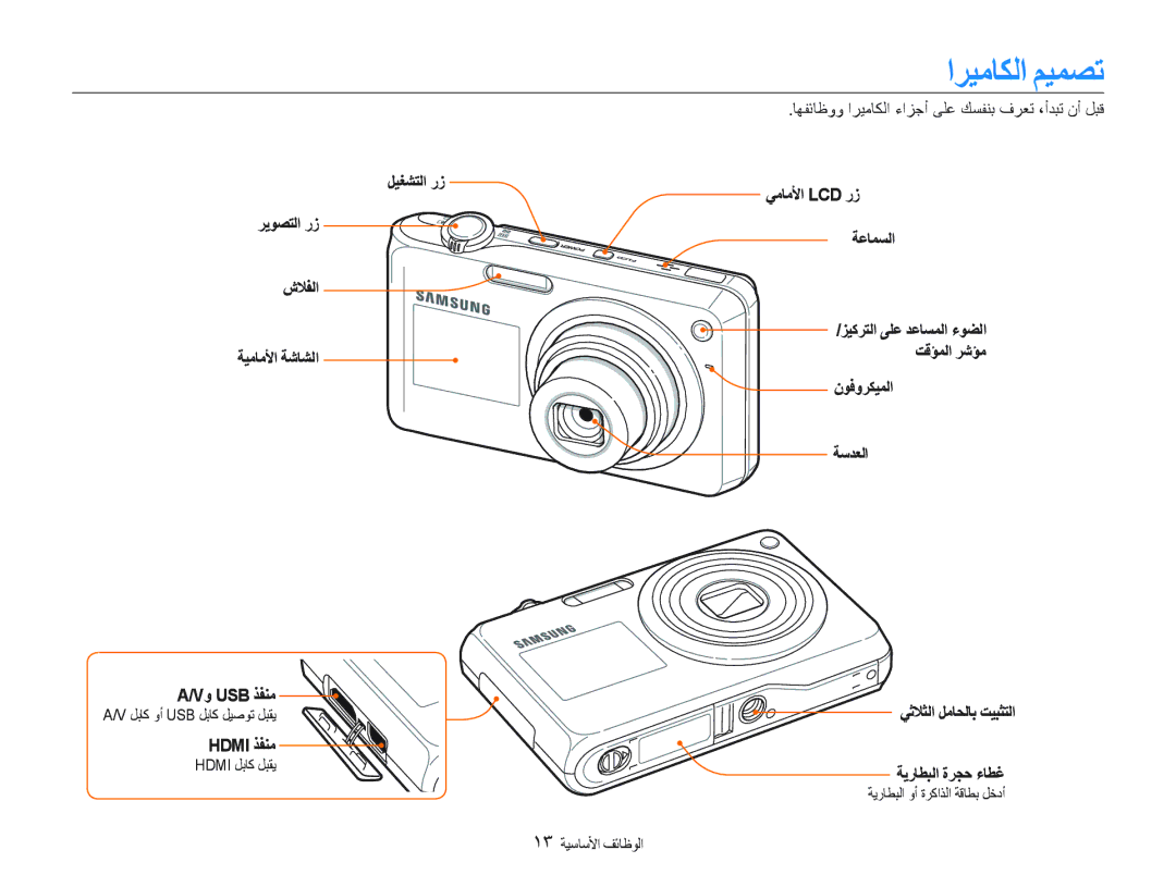 Samsung EC-PL150ZDPPIR, EC-PL150ZBPUE1 ﺍﺮﻴﻣﺎﻜﻟﺍ ﻢﻴﻤﺼﺗ, ﻞﻴﻐﺸﺘﻟﺍ ﺭﺯ ﺮﻳﻮﺼﺘﻟﺍ ﺭﺯ ﺵﻼﻔﻟﺍ ﺔﻴﻣﺎﻣﻷﺍ ﺔﺷﺎﺸﻟﺍ Vﻭ Usb ﺬﻔﻨﻣ, Hdmi ﺬﻔﻨﻣ 