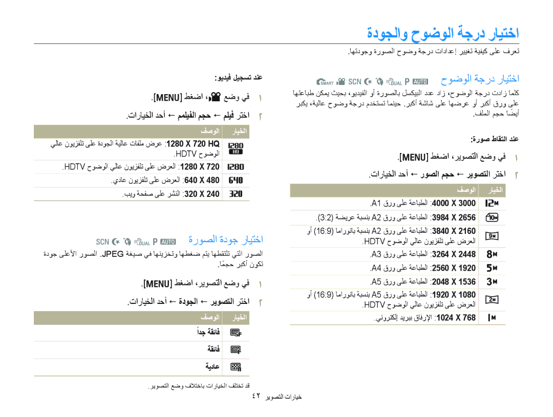 Samsung EC-PL150ZBPVSA manual ﺓﺩﻮﺠﻟﺍﻭ ﺡﻮﺿﻮﻟﺍ ﺔﺟﺭﺩ ﺭﺎﻴﺘﺧﺍ, B d p a ﺓﺭﻮﺼﻟﺍ ﺓﺩﻮﺟ ﺭﺎﻴﺘﺧﺍ, S N b d p a ﺡﻮﺿﻮﻟﺍ ﺔﺟﺭﺩ ﺭﺎﻴﺘﺧﺍ 