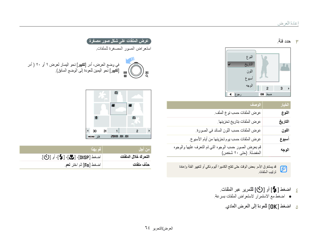 Samsung EC-PL150ZDPUME manual ﺔﺌﻓ ﺩﺪﺣ, ﻱﺩﺎﻌﻟﺍ ﺽﺮﻌﻟﺍ ﻰﻟﺇ ﺓﺩﻮﻌﻠﻟ o ﻂﻐﺿﺍ, ﺓﺮﻐﺼﻣ ﺭﻮﺻ ﻞﻜﺷ ﻰﻠﻋ ﺕﺎﻔﻠﻤﻟﺍ ﺽﺮﻋ, ﺍﺬﻬﺑ ﻢﻗ ﻞﺟﺃ ﻦﻣ 