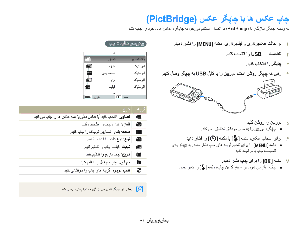 Samsung EC-PL150ZBPUSA PictBridge ﺲﮑﻋ ﺮﮕﭘﺎﭼ ﺎﺑ ﺎﻫ ﺲﮑﻋ پﺎﭼ, ﺪﻴﻫﺩ ﺭﺎﺸﻓ ﺍﺭ t ﻪﻤﮐﺩ ﺎﻳ F ﻪﻤﮐﺩ ،ﺲﮑﻋ ﺏﺎﺨﺘﻧﺍ یﺍﺮﺑ, ٨٣ ﺶﻳﺍﺮﻳﻭ/ﺶﺨﭘ 