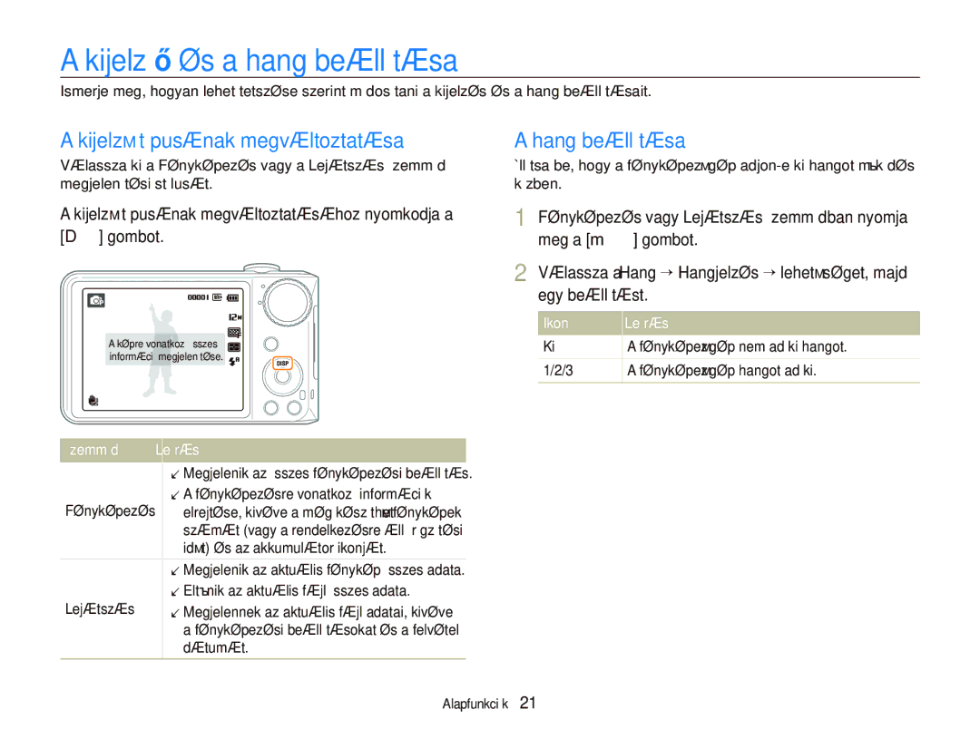 Samsung EC-PL150ZBPRE3, EC-PL150ZBPUIT Kijelző és a hang beállítása, Kijelző típusának megváltoztatása, Hang beállítása 