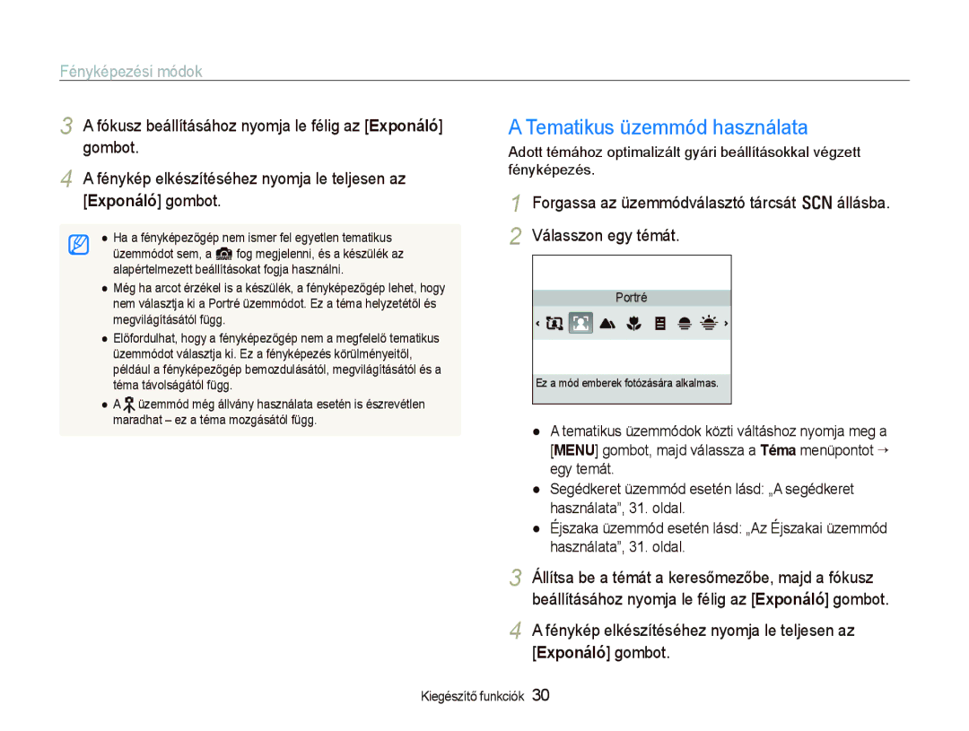 Samsung EC-PL150ZBPRIT, EC-PL150ZBPUIT, EC-PL150ZBPRE3, EC-PL150ZBPUE3 manual Tematikus üzemmód használata, Fényképezési módok 