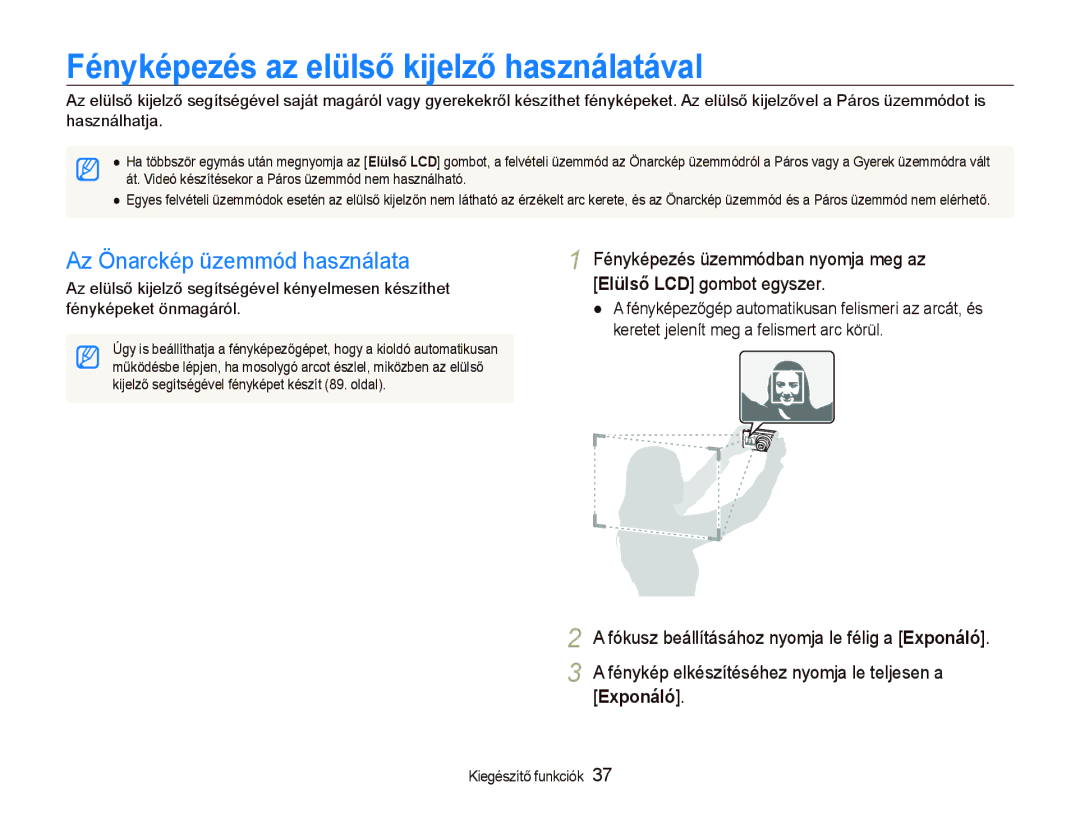 Samsung EC-PL150ZBPEE3 manual Fényképezés az elülső kijelző használatával, Az Önarckép üzemmód használata, Exponáló 