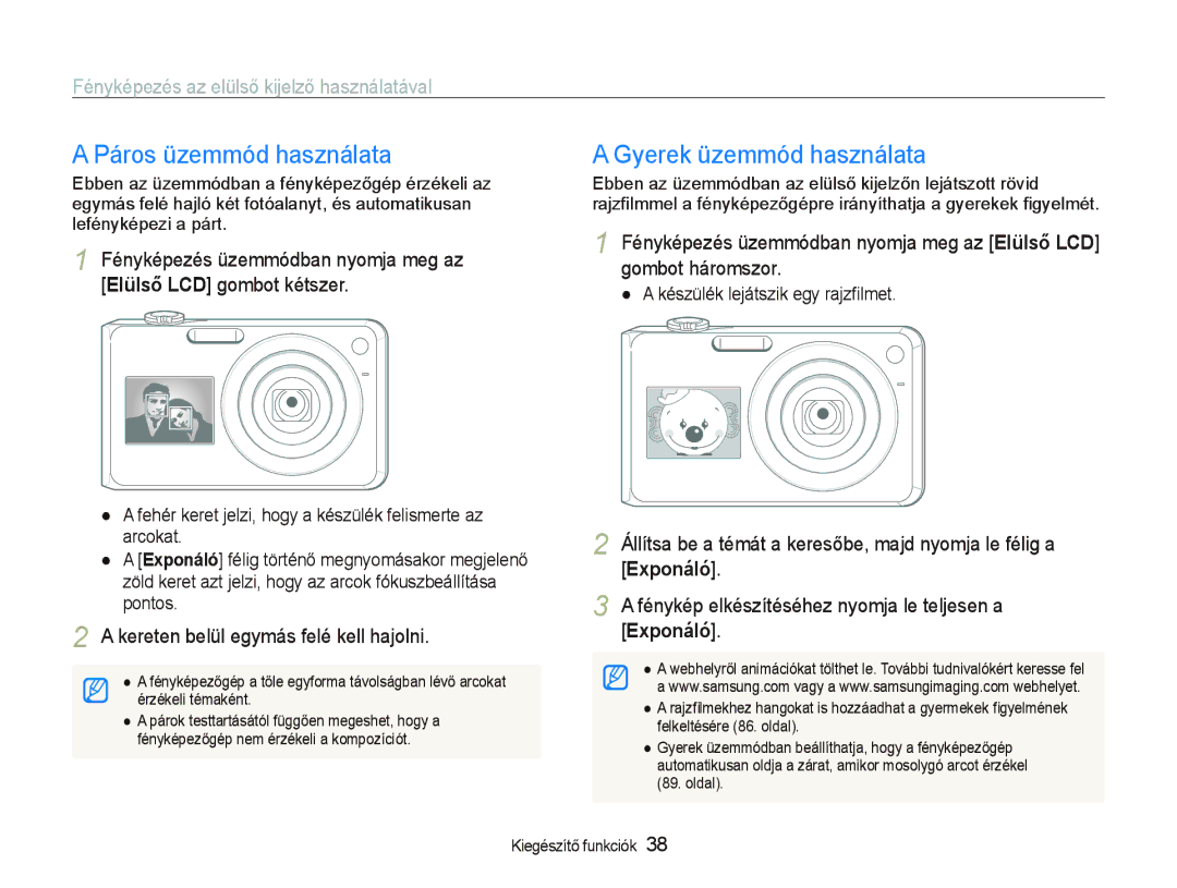 Samsung EC-PL150ZBPVE3 Páros üzemmód használata, Gyerek üzemmód használata, Fényképezés az elülső kijelző használatával 