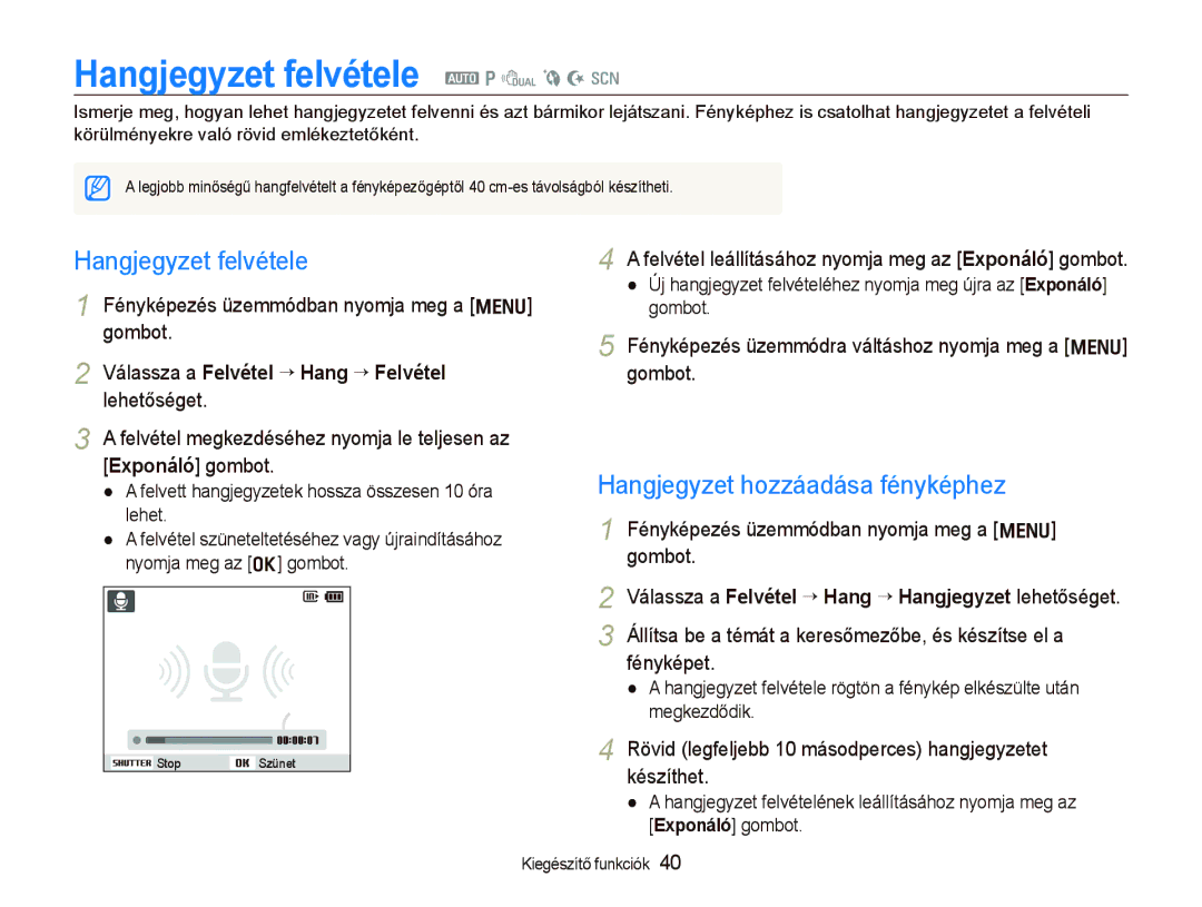 Samsung EC-PL150ZBPRIT, EC-PL150ZBPUIT, EC-PL150ZBPRE3 Hangjegyzet felvétele a p d b N s, Hangjegyzet hozzáadása fényképhez 