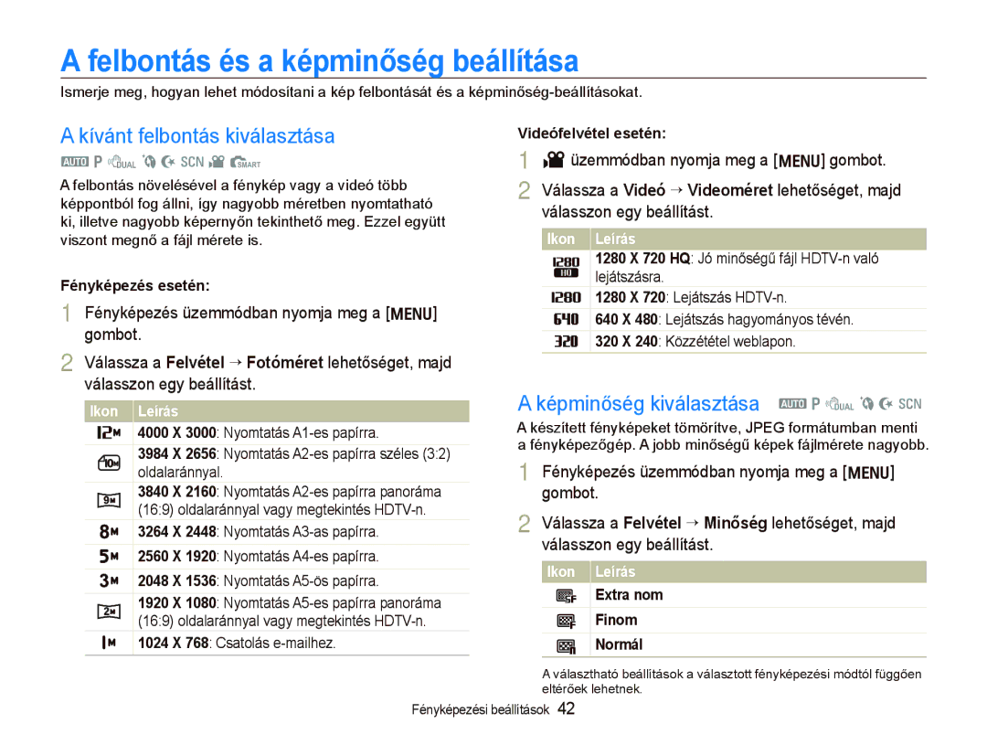 Samsung EC-PL150ZBPUE3, EC-PL150ZBPUIT, EC-PL150ZBPRIT Felbontás és a képminőség beállítása, Kívánt felbontás kiválasztása 