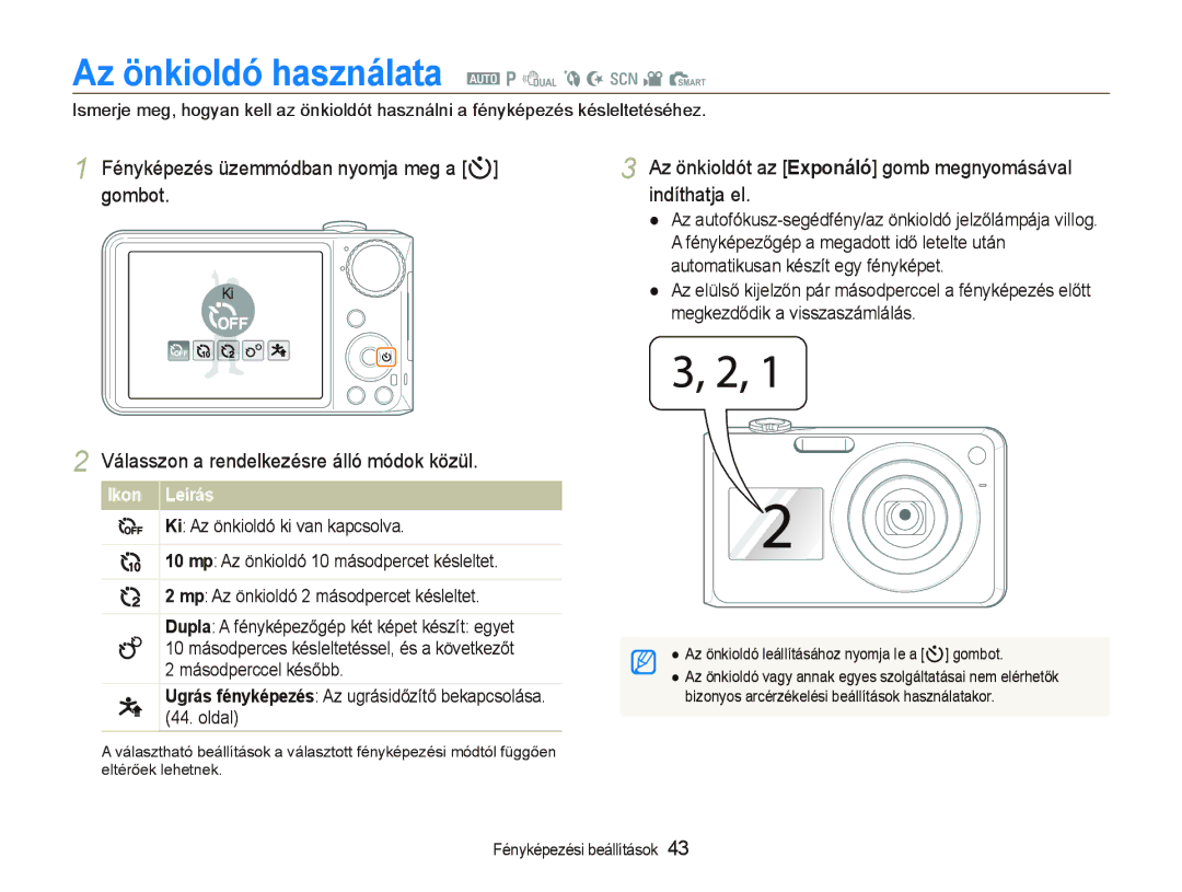 Samsung EC-PL150ZBPLE3 Az önkioldó használata a p d b N s v S, Az önkioldót az Exponáló gomb megnyomásával indíthatja el 