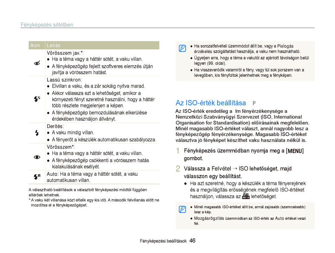 Samsung EC-PL151ZBDRE3, EC-PL150ZBPUIT Az ISO-érték beállítása p, Fényképezés sötétben, Lassú szinkron, Derítés, Vörösszem 