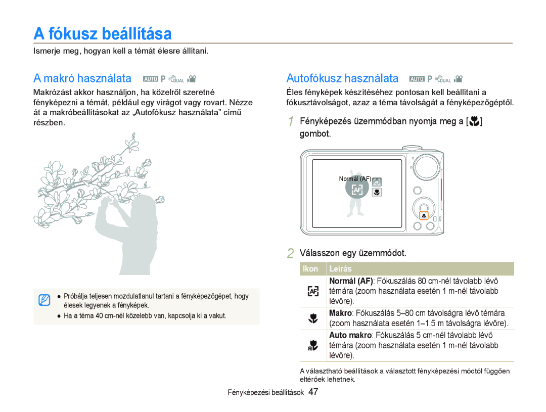 Samsung EC-PL150ZBPEE3, EC-PL150ZBPUIT manual Fókusz beállítása, Makró használata a p d, Autofókusz használata a p d 