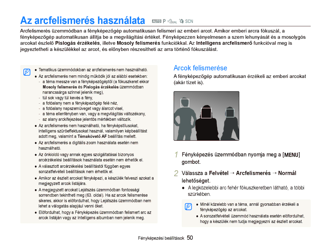 Samsung EC-PL150ZBPRIT, EC-PL150ZBPUIT manual Az arcfelismerés használata a p d b s, Arcok felismerése, Lehetőséget 