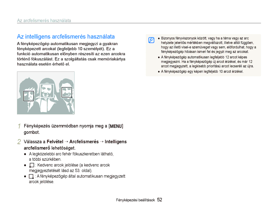 Samsung EC-PL150ZBPUE3, EC-PL150ZBPUIT, EC-PL150ZBPRIT, EC-PL150ZBPRE3 manual Az intelligens arcfelismerés használata 