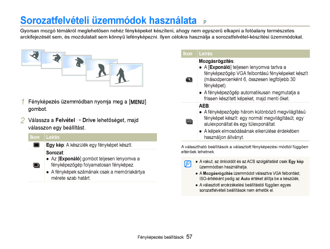 Samsung EC-PL150ZBPEE3 manual Sorozatfelvételi üzemmódok használata p, Válassza a Felvétel ““Drive lehetőséget, majd 