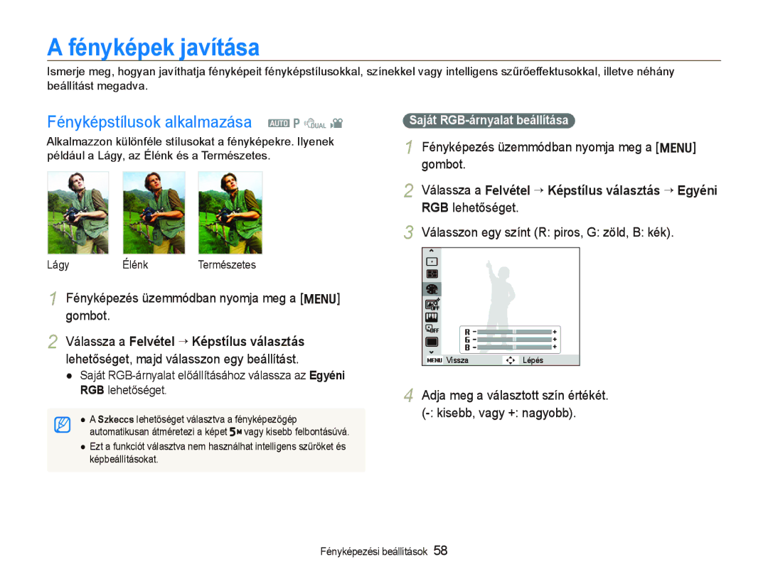 Samsung EC-PL150ZBPVE3 Fényképek javítása, Fényképstílusok alkalmazása a p d, Válasszon egy színt R piros, G zöld, B kék 