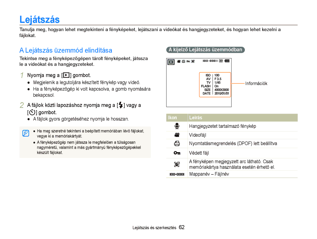 Samsung EC-PL150ZBPUE3 manual Lejátszás, Nyomja meg a P gombot, Fájlok közti lapozáshoz nyomja meg a F vagy a t gombot 