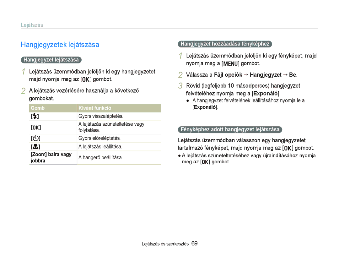 Samsung EC-PL150ZBPUIT manual Hangjegyzetek lejátszása, Válassza a Fájl opciók “ Hangjegyzet “ Be, Hangjegyzet lejátszása 