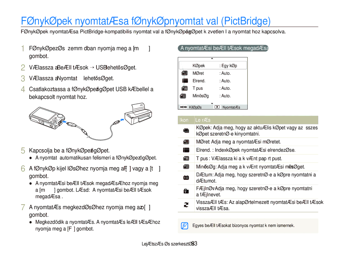 Samsung EC-PL150ZBPLE3 Fényképek nyomtatása fényképnyomtatóval PictBridge, Nyomtatás megkezdéséhez nyomja meg az o gombot 