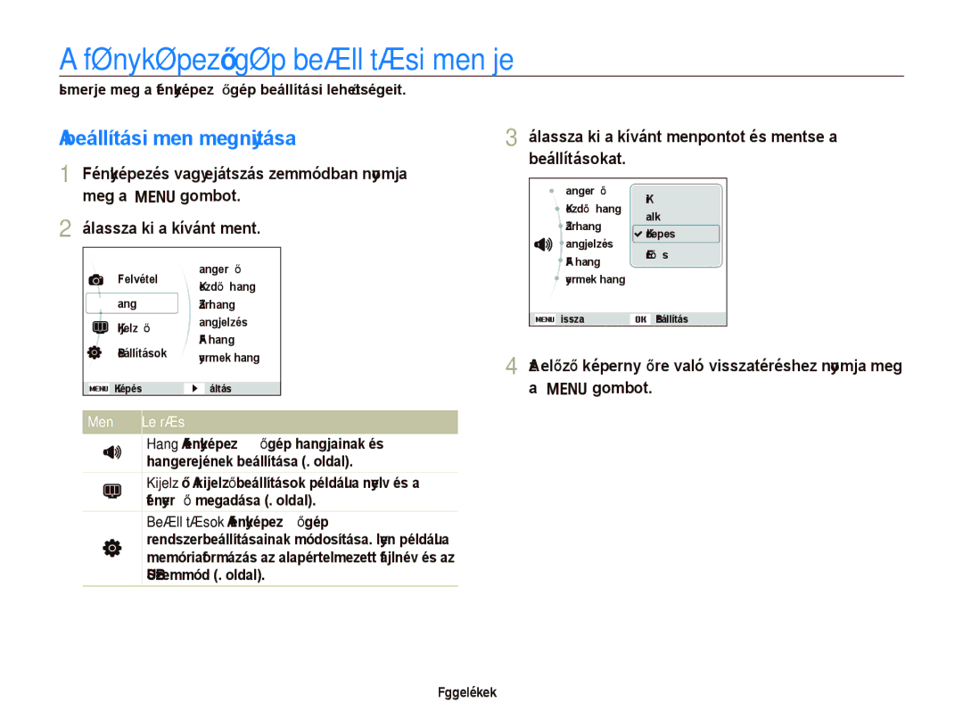 Samsung EC-PL150ZBPVE2, EC-PL150ZBPUIT manual Fényképezőgép beállítási menüje, Beállítási menü megnyitása, Menü Leírás 