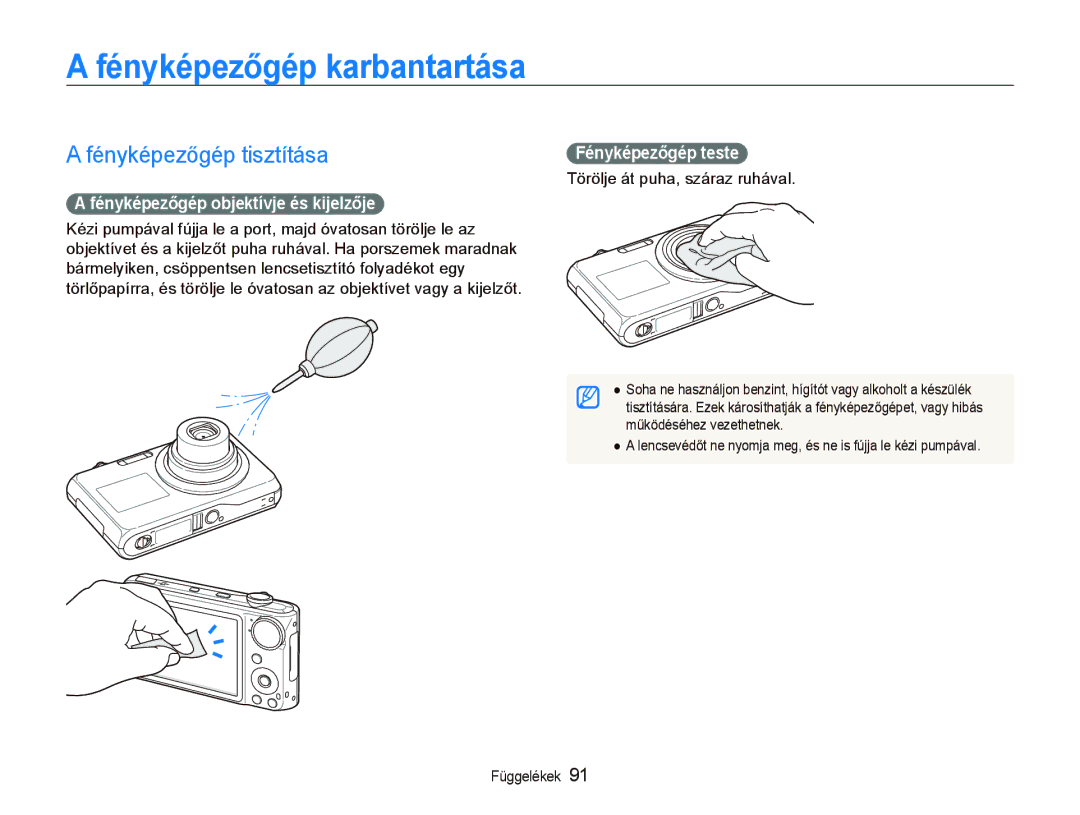 Samsung EC-PL150ZBPRE3 manual Fényképezőgép karbantartása, Fényképezőgép tisztítása, Fényképezőgép objektívje és kijelzője 