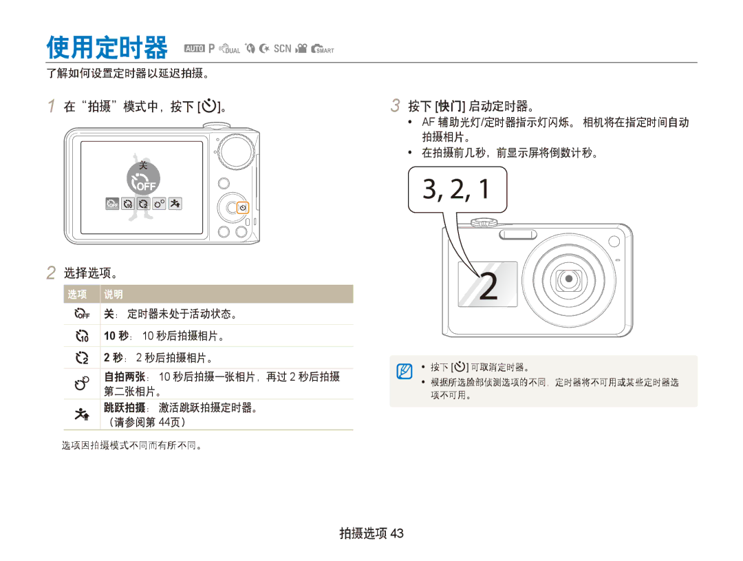 Samsung EC-PL150ZBPLE3, EC-PL150ZBPUIT manual 在拍摄模式中，按下 t。 按下 快门 启动定时器。, 了解如何设置定时器以延迟拍摄。, ： 定时器未处于活动状态。, 10 秒： 10 秒后拍摄相片。 