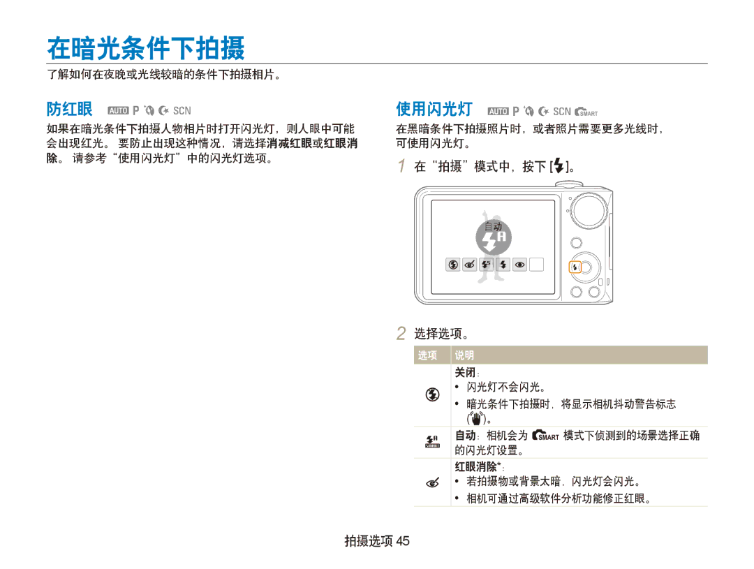 Samsung EC-PL150ZBPVE2 在暗光条件下拍摄, 使用闪光灯 apbNsS, 在拍摄模式中，按下 F。 选择选项。, 了解如何在夜晚或光线较暗的条件下拍摄相片。, 在黑暗条件下拍摄照片时，或者照片需要更多光线时， 可使用闪光灯。 