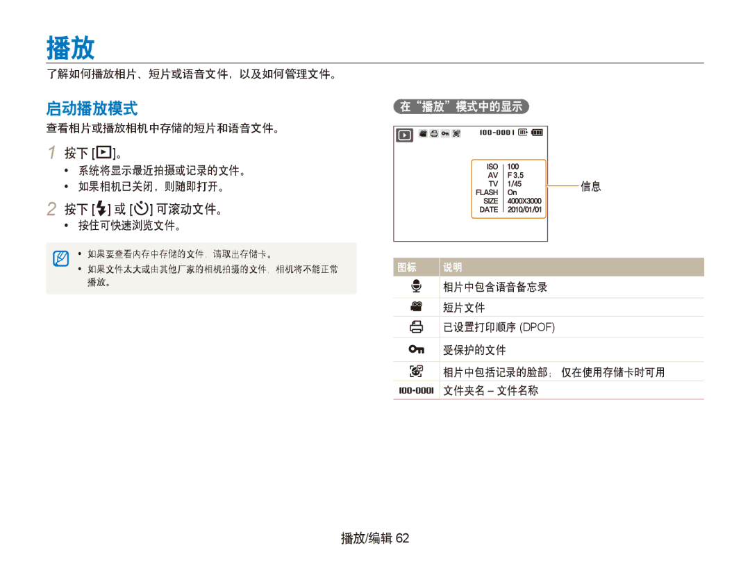 Samsung EC-PL150ZBPUE3, EC-PL150ZBPUIT, EC-PL150ZBPRIT, EC-PL150ZBPRE3, EC-PL150ZBPLE3 manual 按下 P。, 按下 F 或 t 可滚动文件。, 播放/编辑 