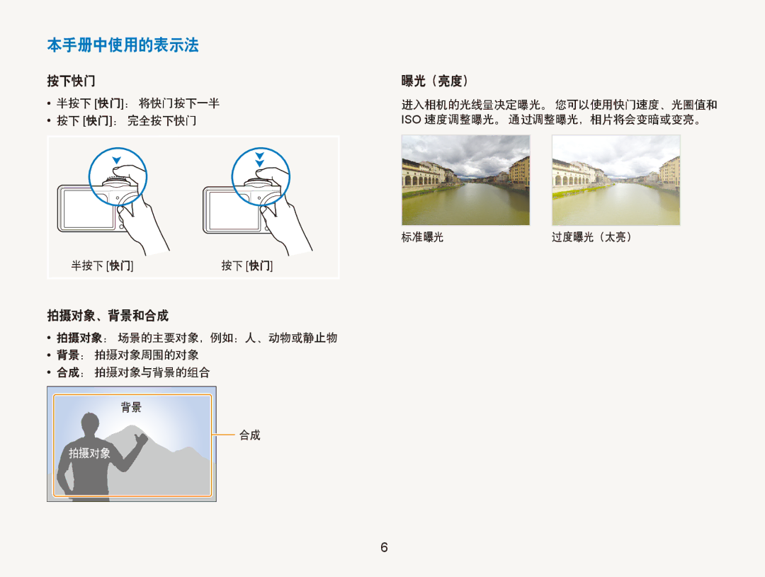 Samsung EC-PL151ZBDRE3 manual 本手册中使用的表示法, 按下快门 曝光（亮度）, 拍摄对象、背景和合成, 拍摄对象： 场景的主要对象，例如：人、动物或静止物 背景： 拍摄对象周围的对象 合成： 拍摄对象与背景的组合 