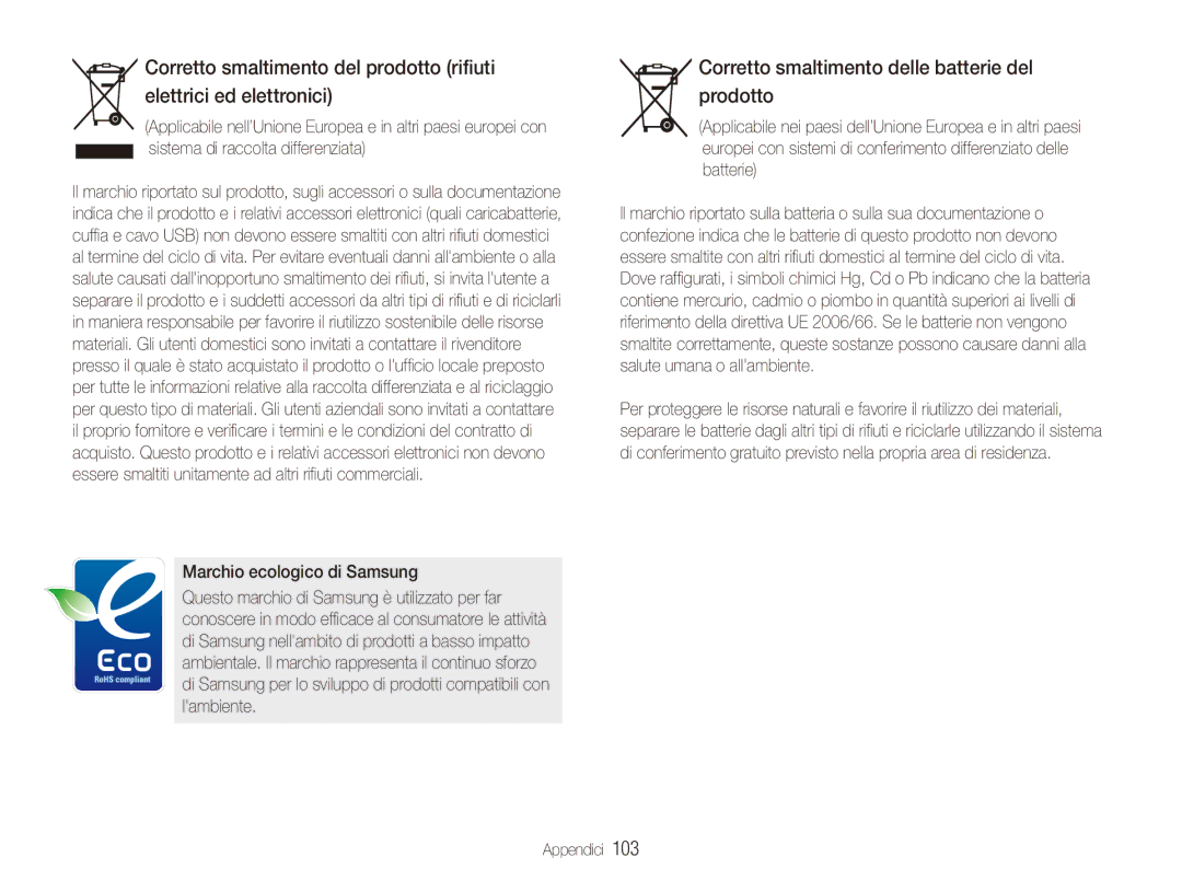 Samsung EC-PL150ZBPRIT, EC-PL150ZBPVIT manual Corretto smaltimento delle batterie del prodotto, Marchio ecologico di Samsung 