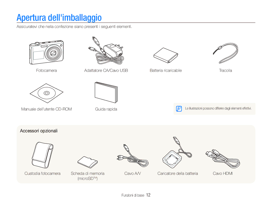 Samsung EC-PL150ZBPSIT, EC-PL150ZBPVIT, EC-PL150ZBPUIT, EC-PL150ZBPLIT manual Apertura dellimballaggio, Accessori opzionali 