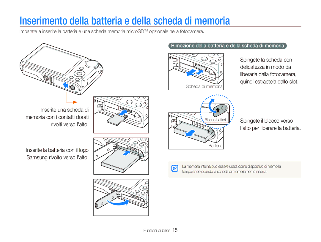 Samsung EC-PL150ZBPUIT manual Inserimento della batteria e della scheda di memoria, Spingete il blocco verso, Batteria 