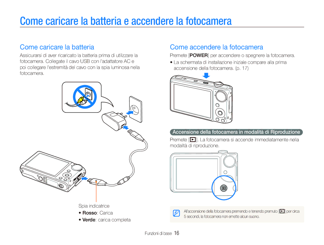 Samsung EC-PL150ZBPLIT, EC-PL150ZBPVIT Come caricare la batteria e accendere la fotocamera, Come accendere la fotocamera 