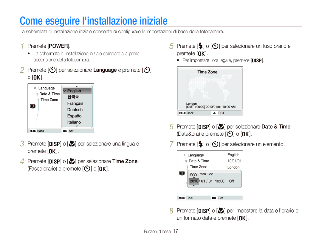 Samsung EC-PL150ZBPSIT manual Come eseguire linstallazione iniziale, Premete Power,  Per impostare lora legale, premere D 