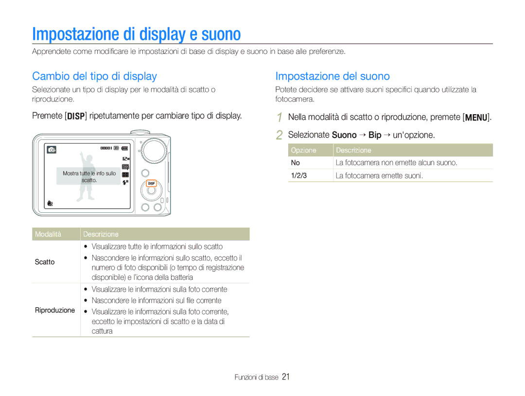 Samsung EC-PL150ZBPLIT, EC-PL150ZBPVIT Impostazione di display e suono, Cambio del tipo di display, Impostazione del suono 