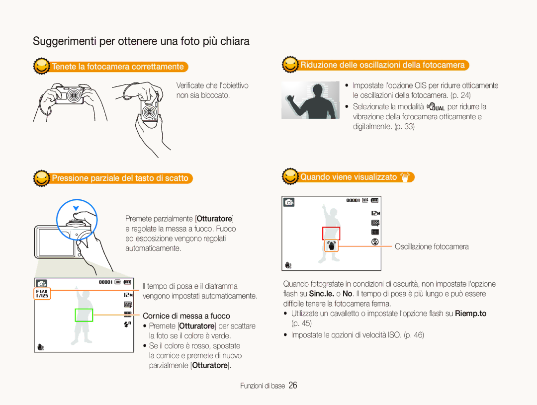Samsung EC-PL150ZBPLIT, EC-PL150ZBPVIT Tenete la fotocamera correttamente, Riduzione delle oscillazioni della fotocamera 