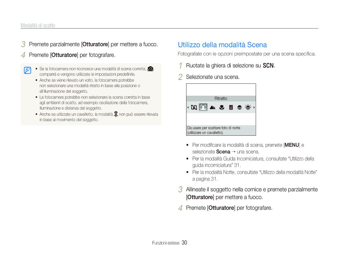 Samsung EC-PL150ZBPUIT, EC-PL150ZBPVIT, EC-PL150ZBPLIT, EC-PL150ZBPSIT Utilizzo della modalità Scena, Modalità di scatto 