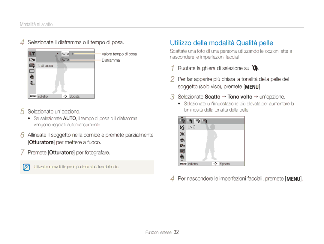 Samsung EC-PL150ZBPSIT, EC-PL150ZBPVIT Utilizzo della modalità Qualità pelle, Selezionate il diaframma o il tempo di posa 