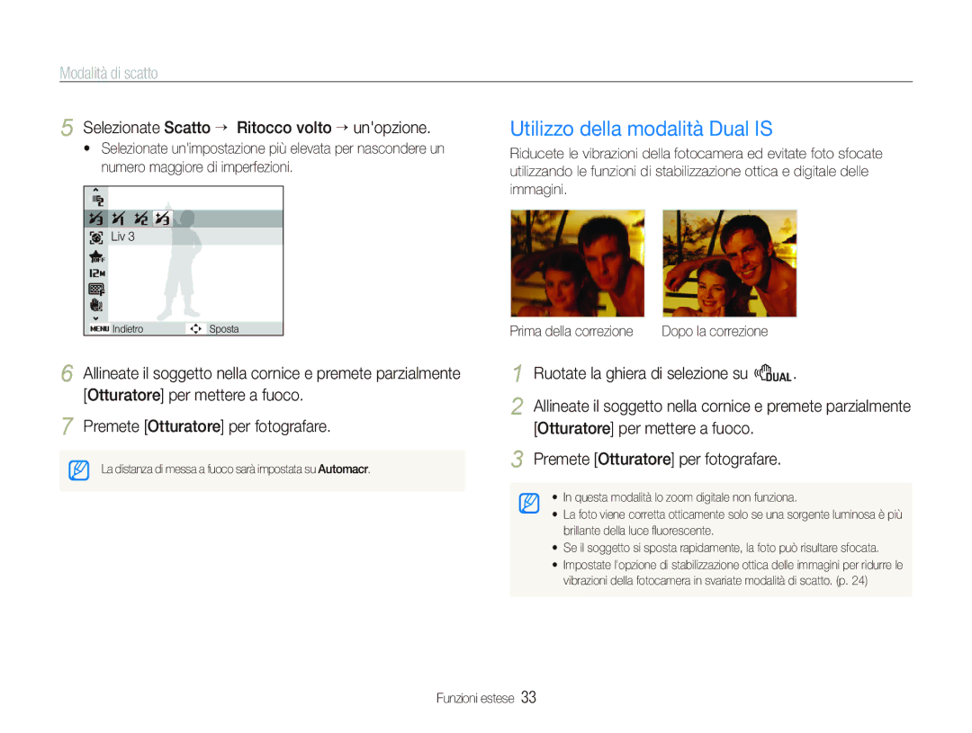 Samsung EC-PL150ZBPRIT, EC-PL150ZBPVIT Utilizzo della modalità Dual is, Selezionate Scatto “ Ritocco volto “ unopzione 