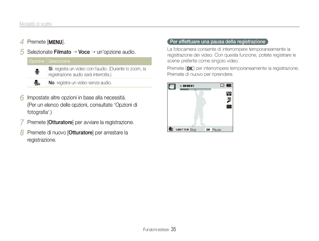 Samsung EC-PL150ZBPUIT, EC-PL150ZBPVIT, EC-PL150ZBPLIT manual Premete m Selezionate Filmato “ Voce ““unopzione audio 