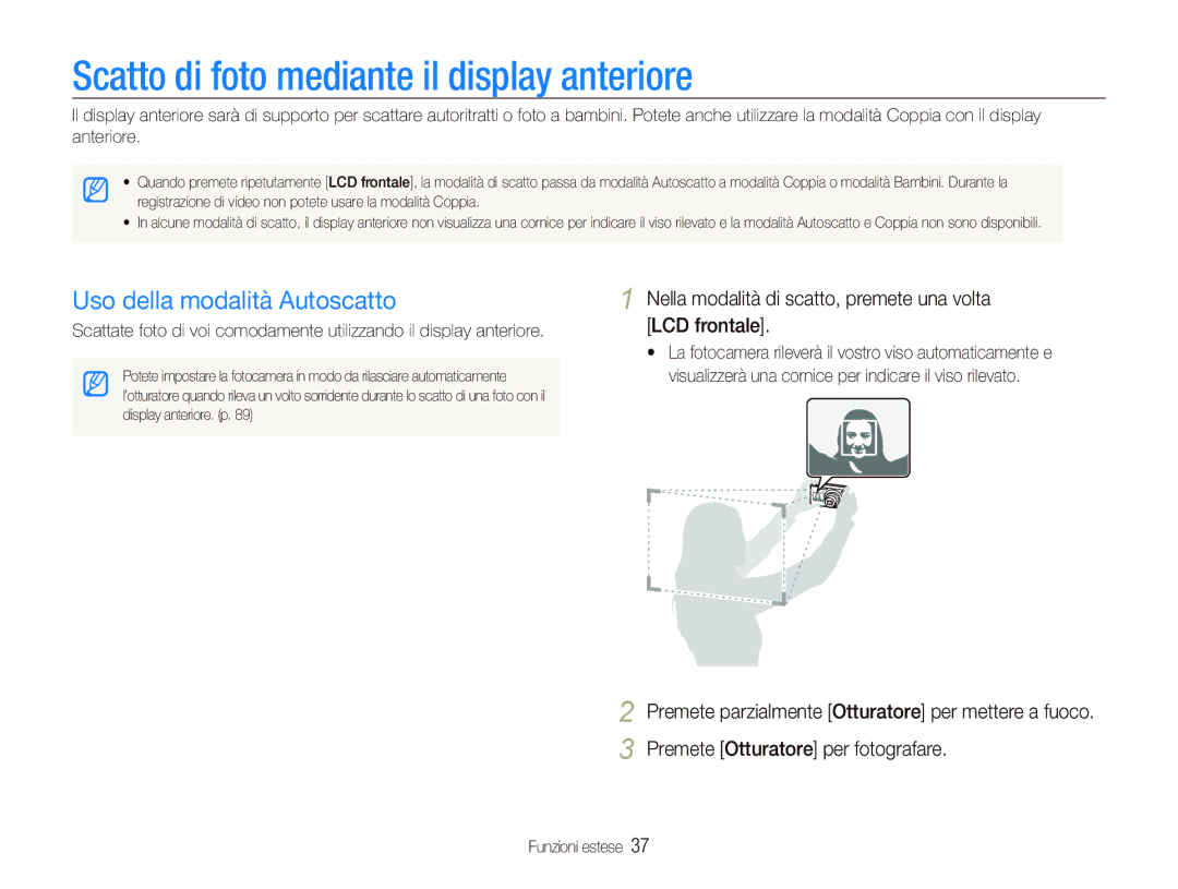 Samsung EC-PL150ZBPSIT, EC-PL150ZBPVIT manual Scatto di foto mediante il display anteriore, Uso della modalità Autoscatto 