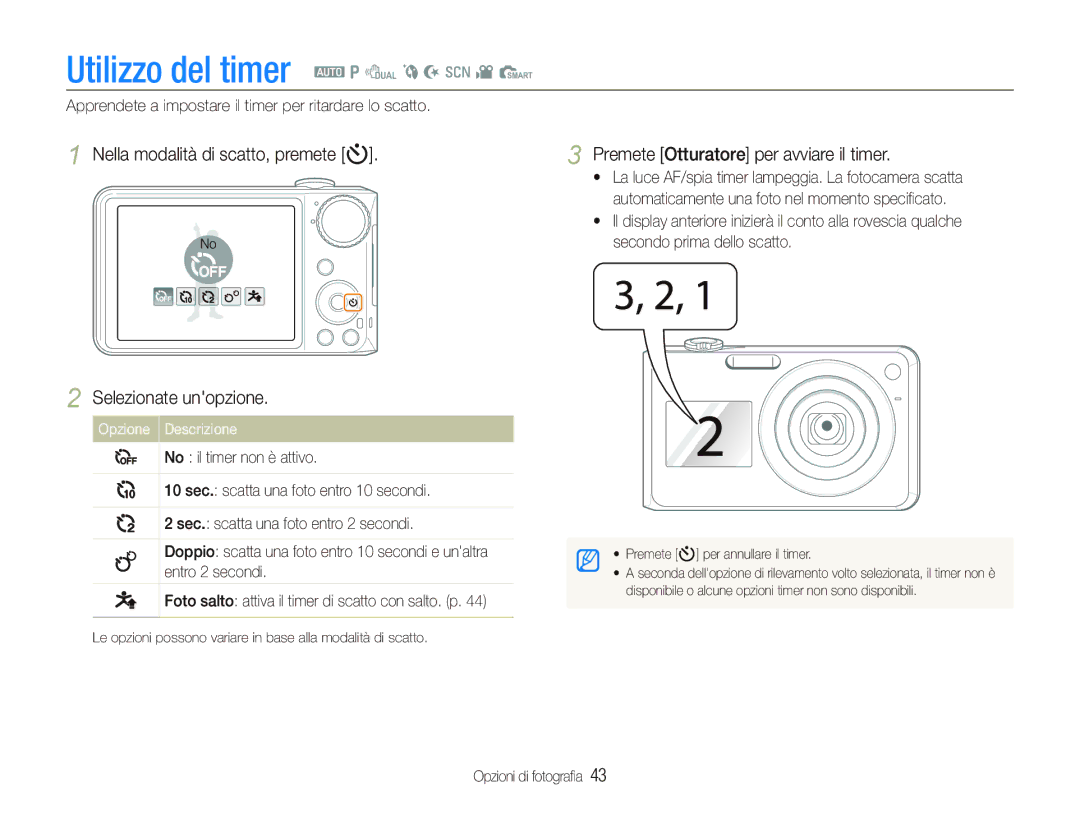 Samsung EC-PL150ZBPRIT manual Utilizzo del timer a p d b N s v S, Nella modalità di scatto, premete t Selezionate unopzione 