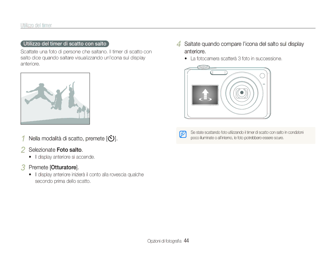 Samsung EC-PL150ZBPVIT Utilizzo del timer, Nella modalità di scatto, premete t Selezionate Foto salto, Premete Otturatore 