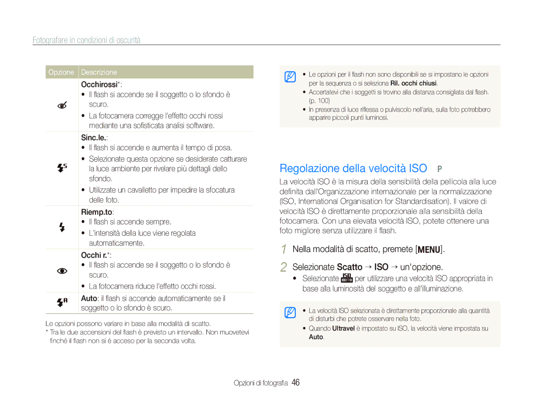 Samsung EC-PL150ZBPLIT, EC-PL150ZBPVIT manual Regolazione della velocità ISO p, Fotografare in condizioni di oscurità 